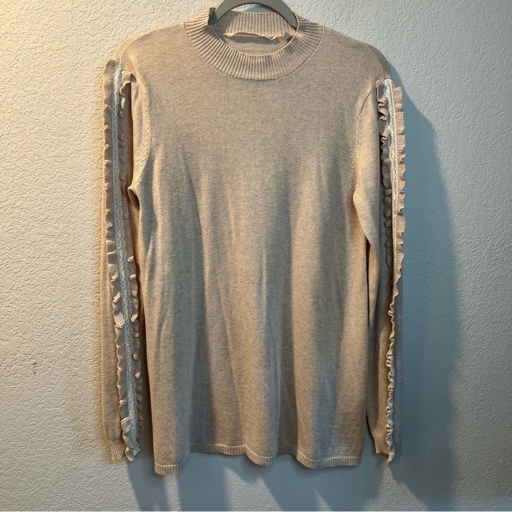 Women’s Soft Surroundings tan ruffle sleeve detail long sleeve crewneck sweater